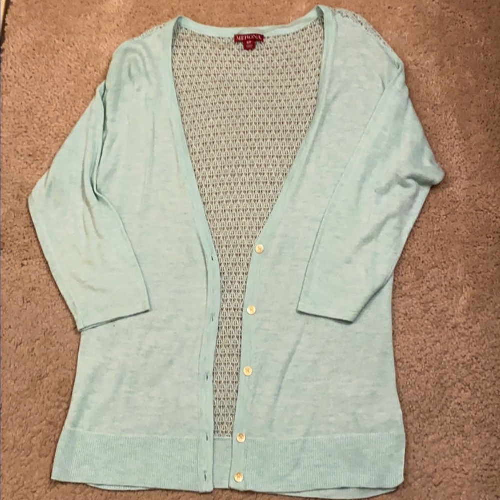 Aqua/mint blue cardigan 3/4 length sleeves.